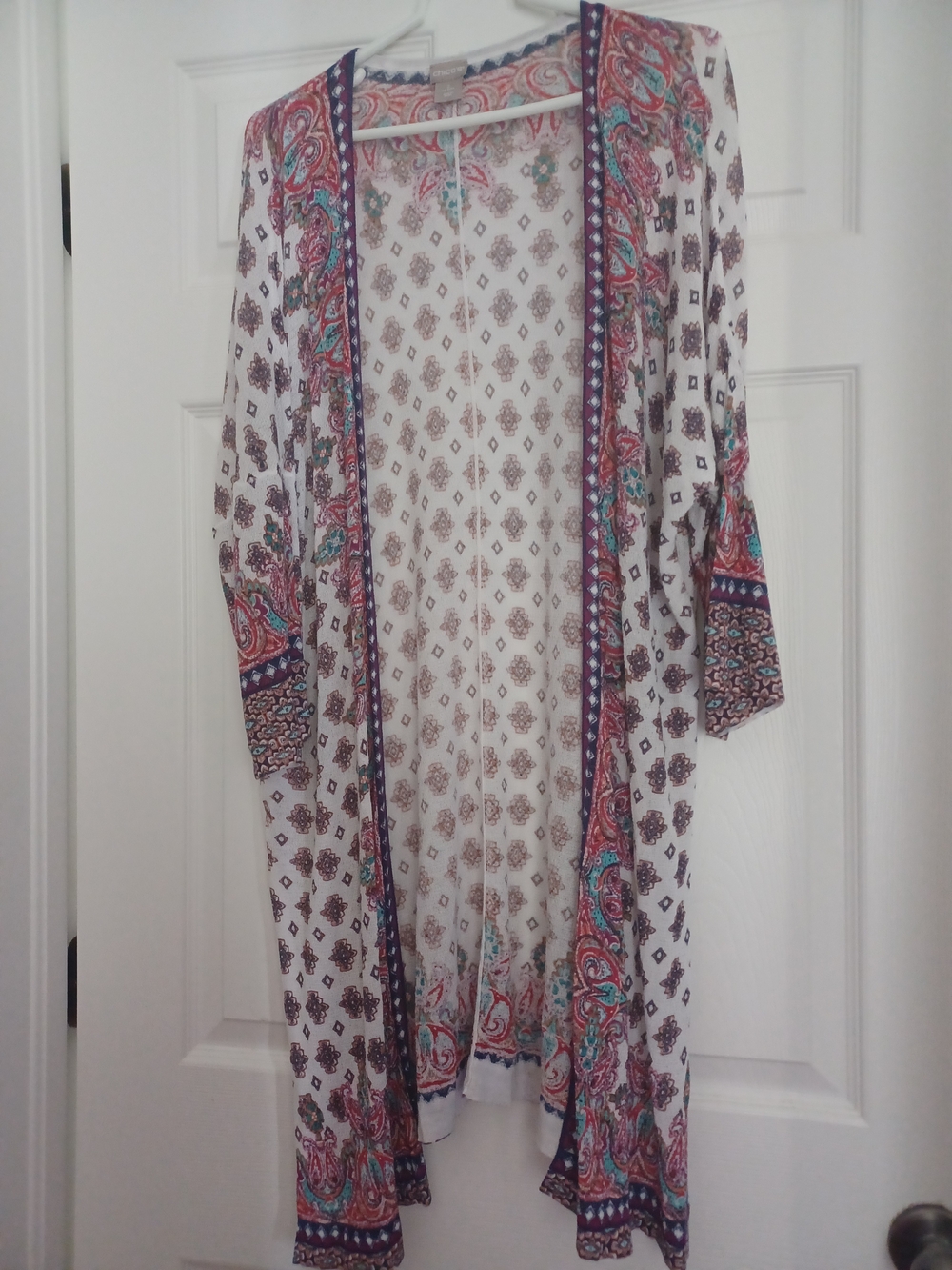 Chico's White Open-Front Paisley Kimono with Pink, Teal & Navy Accents (2) L